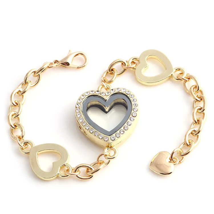 Shuyani 10 шт./лот opendable памяти плавающей медальон браслет со стразами Стекло сердце медальон браслет для Для женщин - Окраска металла: Gold