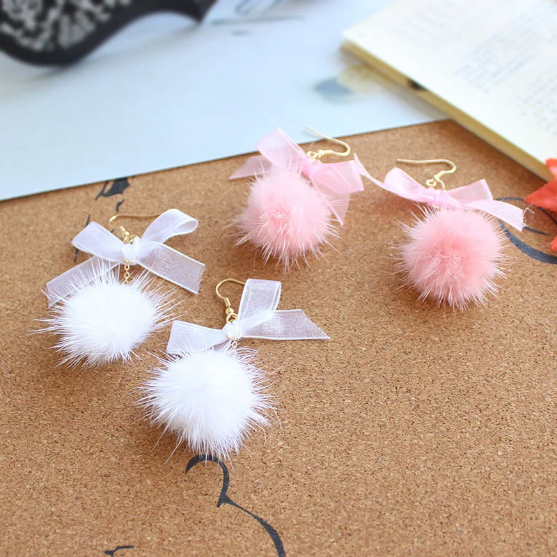 

White Pink Fluffy Mink Fur Earrings Pompom Ball Long Dangle Earrings Pom Pom Drop Earring Cute Bowknot Jewelry Gift wholesale