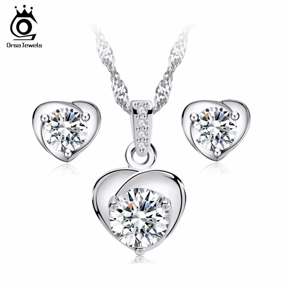 

ORSA JEWELS Luxury Silver Necklace & Earring Set with Shiny Austria Crystal for Women Valentine's Day Gift OS02
