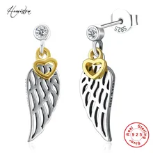 Hemiston, 925 пробы, серебряные, винтажные Крылья Ангела и Золотое сердце, женские серьги-гвоздики, ювелирный подарок для женщин