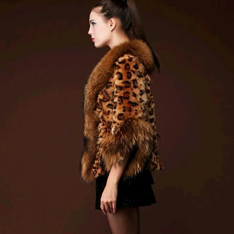 Winter Soft Leopard Raccoon Fashion Luxurious Print Leather Jacket Women Faux Fur Cardigan Dignified Elegant Loose Coat Rabbit