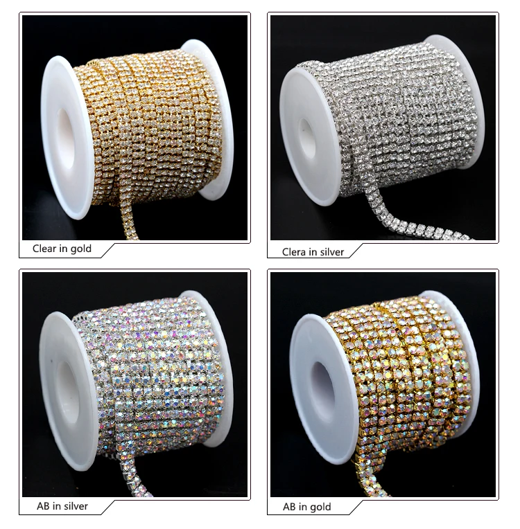 

10yard 2-Row ss6 ss8 ss12 ss16 AB rhinestones trim close cup chain gold/silver claw Sewing Craft DIY clothes Crystal Chain beads