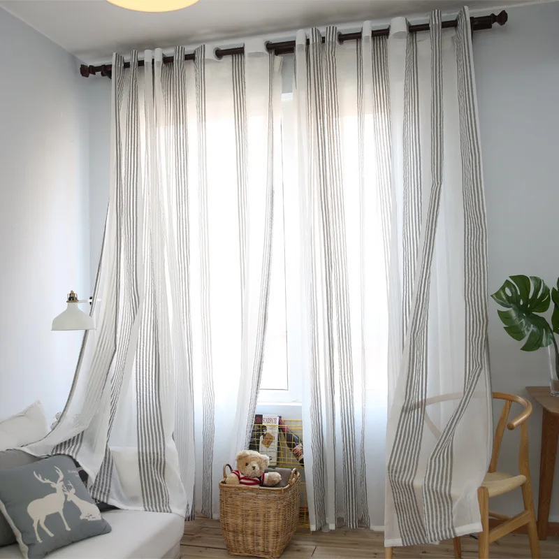 Gray Striped Modern Cotton Linen Bedroom Sheer Curtains for Living Room ...