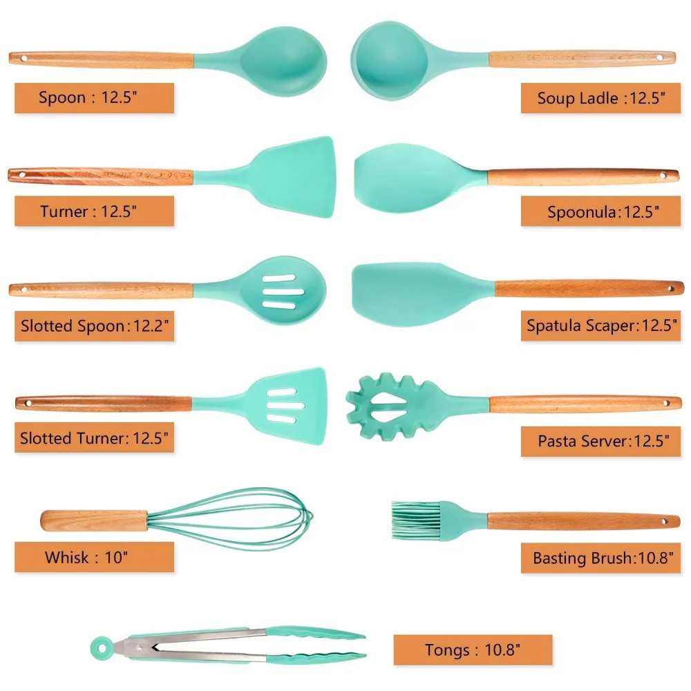 LMETJMA 11 Pieces Silicone Cooking Utensils Set Kitchen Cooking Tools Set With Natural Wooden Handle Nonstick Cookware KC0207