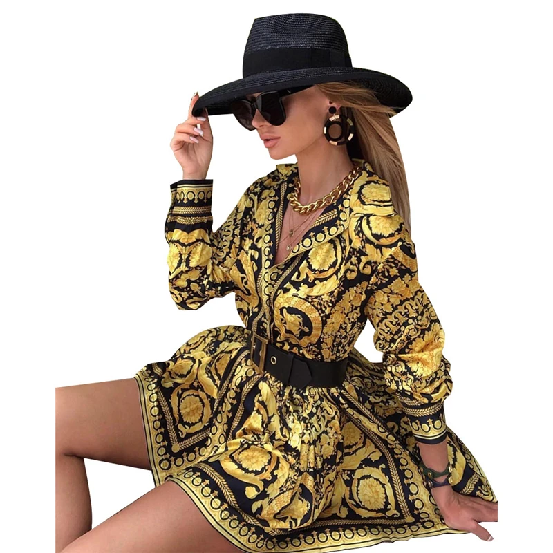 Винтаж печати платье рубашка с длинными рукавами 2019 сезон: весна–лето Boho Пляжные