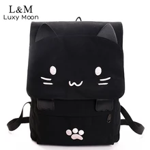 Lucu Kucing Kanvas Ransel Kartun Bordir Ransel Untuk Remaja Gadis mochilas Printing Rucksack Sekolah Tas Kasual Hitam XA69H