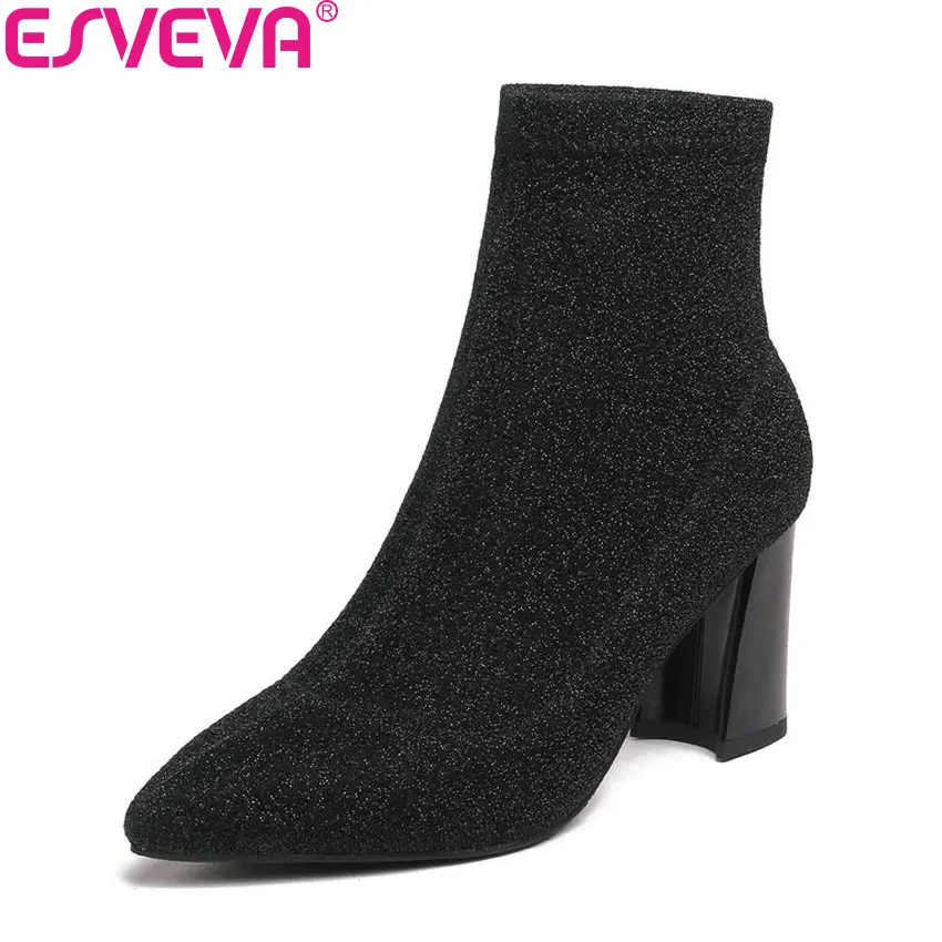 

ESVEVA 2019 Women Shoes Synthetic Square High Heels Pointed Toe Boots Ankle Boots Elegant Slip on Bling Woman Shoes Size 34-43