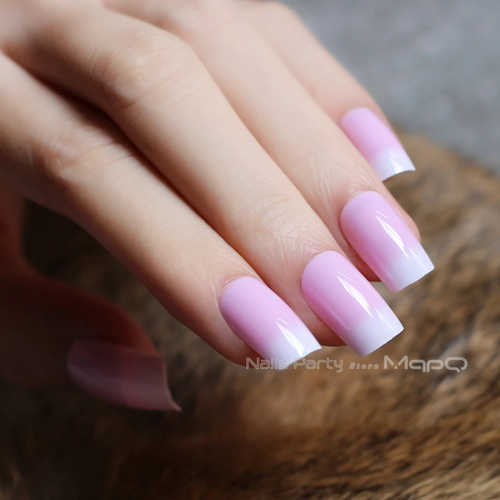

fake nails pink natural texture 24pcs full sets glossy false nails french translucent nude long Square Easy to wear Free ship