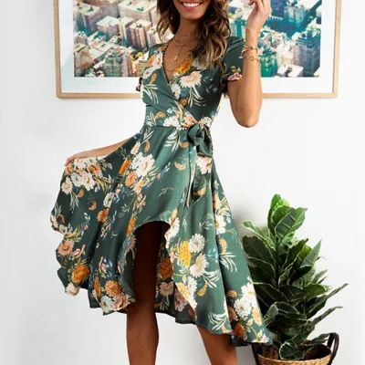 

Green Stain Floral Dress Women Elegant Spring Dress Short Sleeve V neck Bow Tie Slim ruffle midi Dresses summer