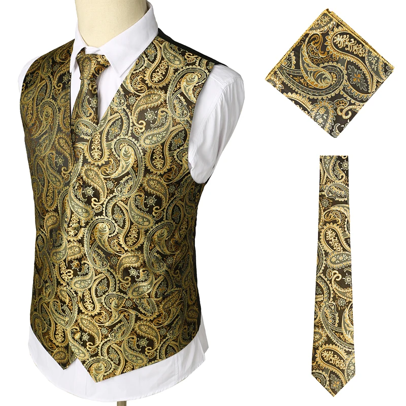  Covrlge Men's Classic Paisley Jacquard Waistcoat Vest Handkerchief Party Wedding Tie Vest Suit Pock