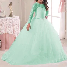 Элегантное детское платье принцессы для девочек 4, 6, 8, 10, 12, 14 лет, зеленые, Синие Новые кружевные праздничные платья на свадьбу, длинный костюм для девочек, 0A1A