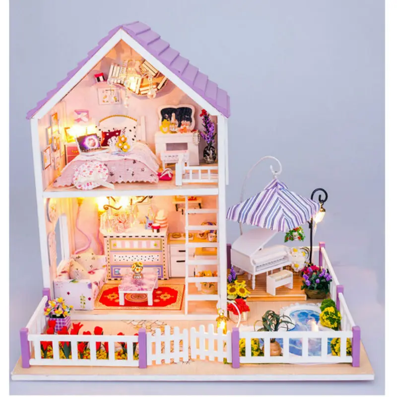 Новинка DIY деревянный кукольный дом с мебелью, романтический фиолетовый домик, миниатюрный кукольный домик, сборные игрушки для детского подарка на день рождения