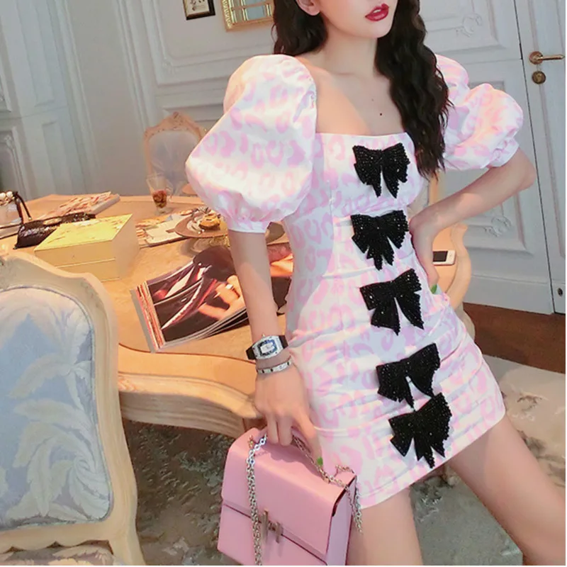 

[EWQ]2019 summer new Korean fashion clothing high quality Square Collar Puff Sleeve Patchwork Bow loose feminina dresses QH613