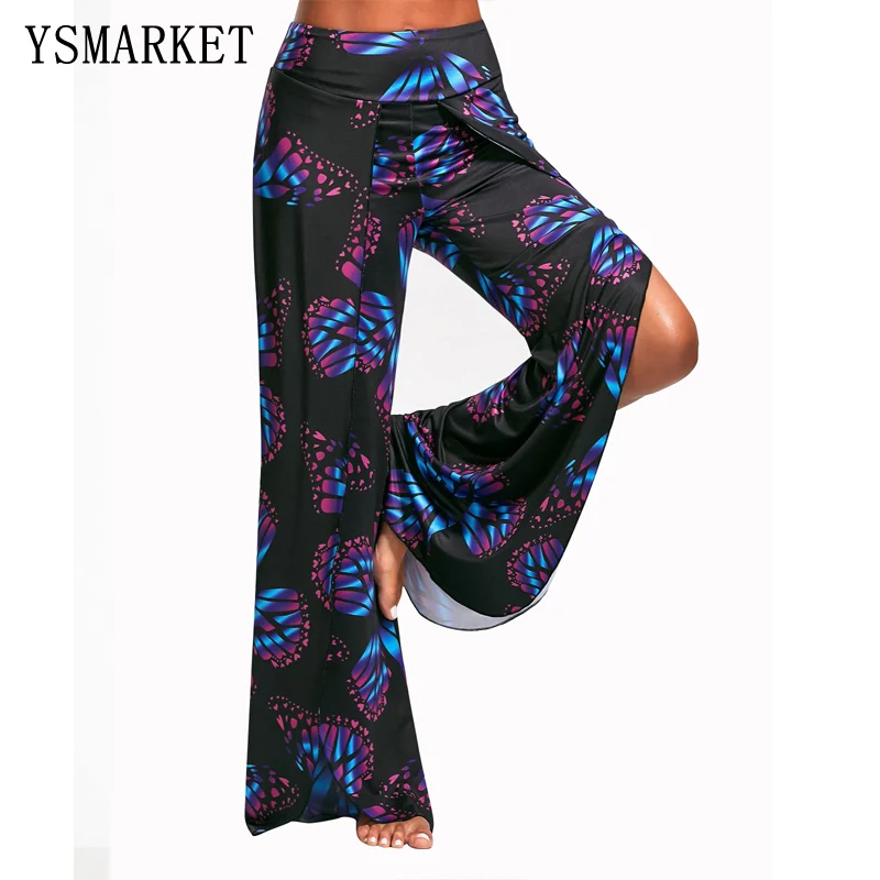 

Hot Pants 2018 New Summer Womens Butterfly Print High Split Flowy Wide Leg Pants Yoga Trousers Yoga Pants E5357