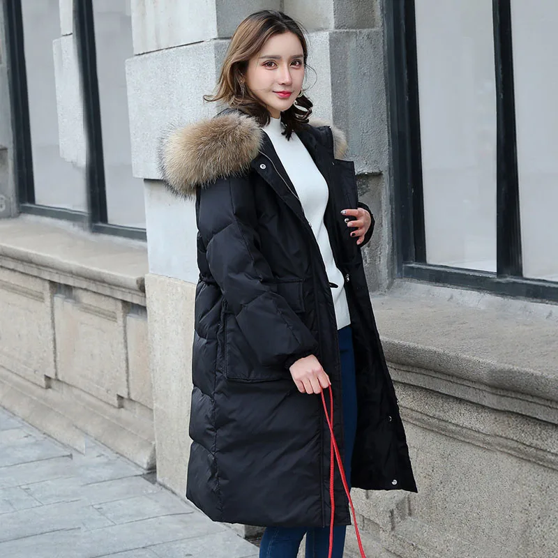 Fourrure Pardessus Veste Beige noir Femme Femmes Raton À Manteau D'hiver Réel Grand Collier Capuchon Longue Lâche Parka Laveur De orange 90Blanc 2018 Canard Duvet b76gyIfvY