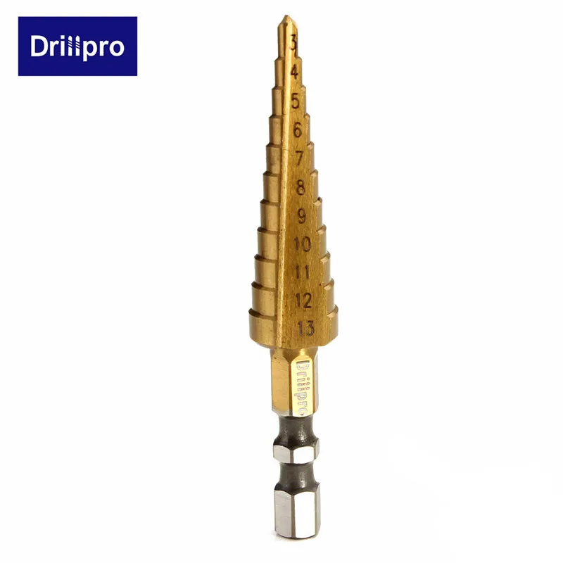 Drillpro 1 шт. 3-13 мм HSS титановое покрытие ступенчатое сверло электроинструменты твердосплавное сверло набор сверл для бурения по дереву Лидер продаж