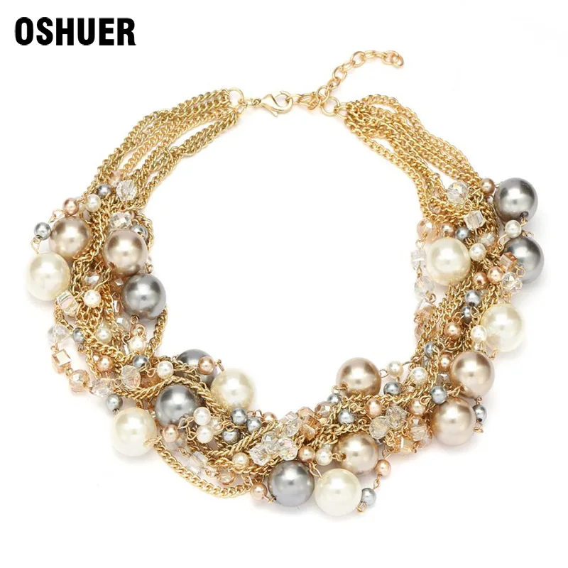

OSHUER 2 Color New Fashion Multi Gold Chains Cross Pearl Rhinestones Beads Choker Statement Necklaces Bijouterie For Women Dress