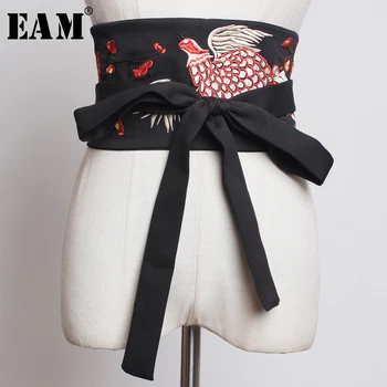 

[EAM] 2020 New Spring Summer Black Temperament Embroidery Stitch Personality Wide Belt Women Fashion Tide All-match JU018