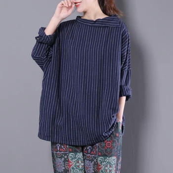 

Vintage Retro Loose Harajuku Boho Casual Stripe Button Irregular Collar Long Sleeve Cotton Linen Women Blouse Shirt Ladies Tops