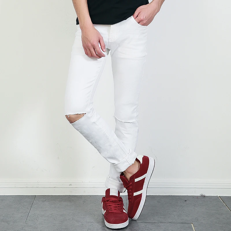 2016 NEW male hole jeans denim t Mens Ripped Biker Jeans Slim Fit Washed White Denim