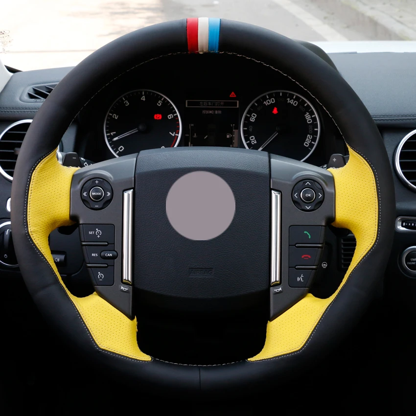 Black Leather Yellow Leather Car Steering Wheel Cover for Land Rover