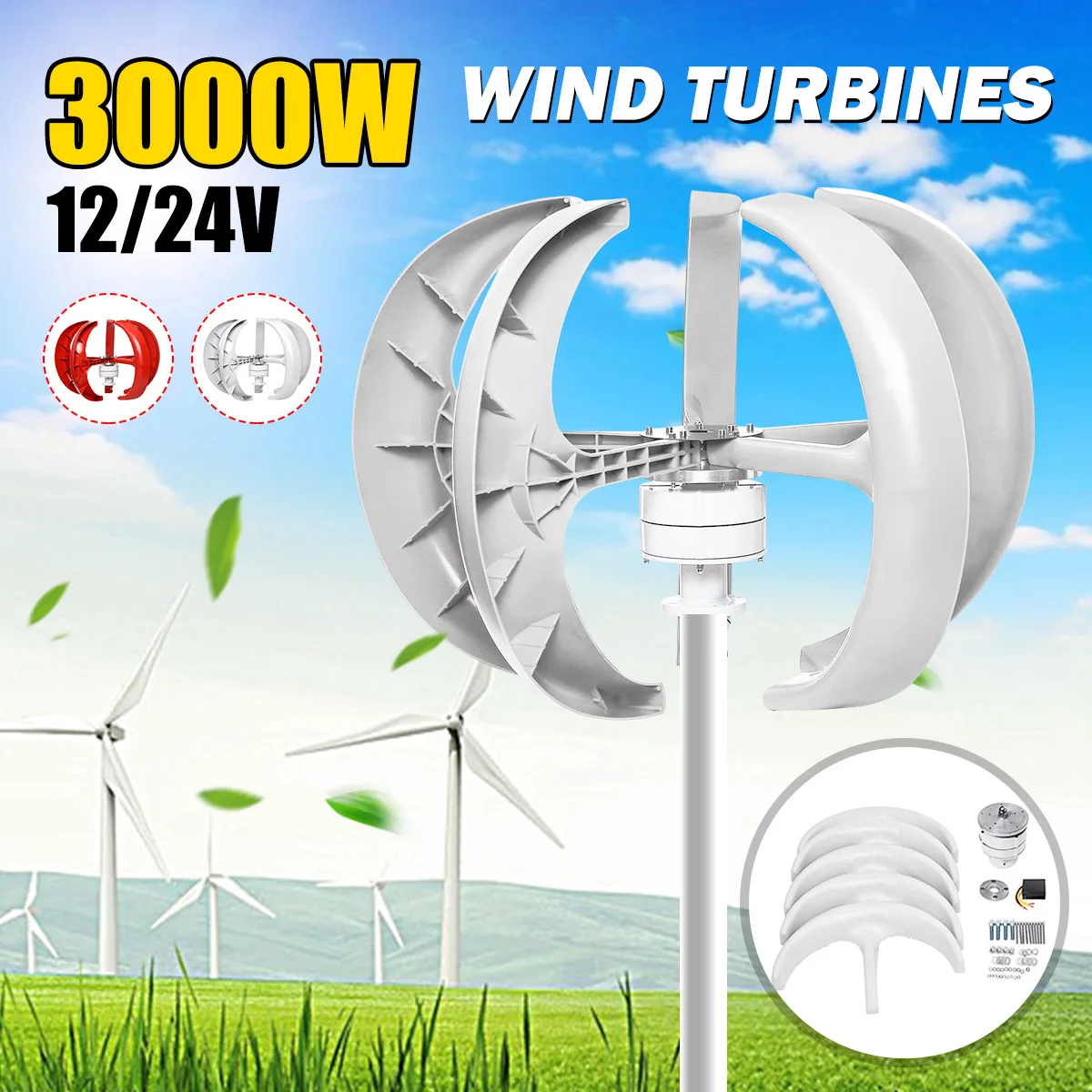 3000W Wind Turbines Generator 12V 24V 5 Blades Lantern Vertical Axis Permanent Magnet Generator for Home Streetlight+Controller