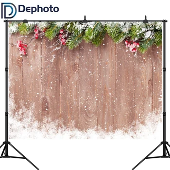 

Dephoto Christmas Wooden Background Snowflake pine branches red fruit Photography Backdrops decoration
