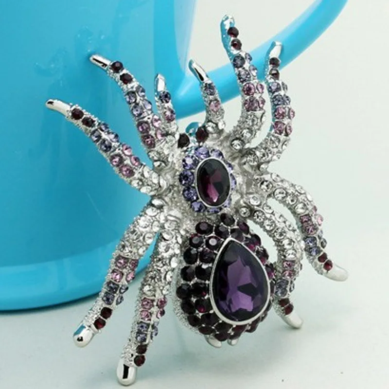 Baiduqiandu Brand High Quality Glass Crystal Spider Brooch Pins in Red  Purple Blue Colors