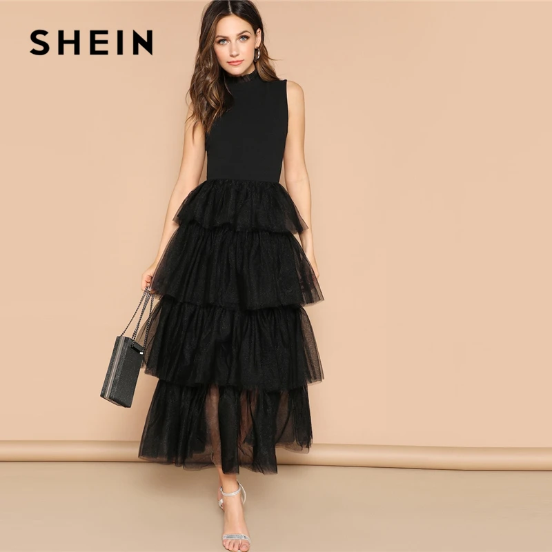 Черное многослойное платье SHEIN, длинное платье с контрастной сеткой и оборками, элегантные весенние платья без рукавов с ложным вырезом, 2019 Черное многослойное платье SHEIN, длинное платье с контрастной сеткой и оборками, элегантные весенние платья без рукавов с ложным вырезом, 2019