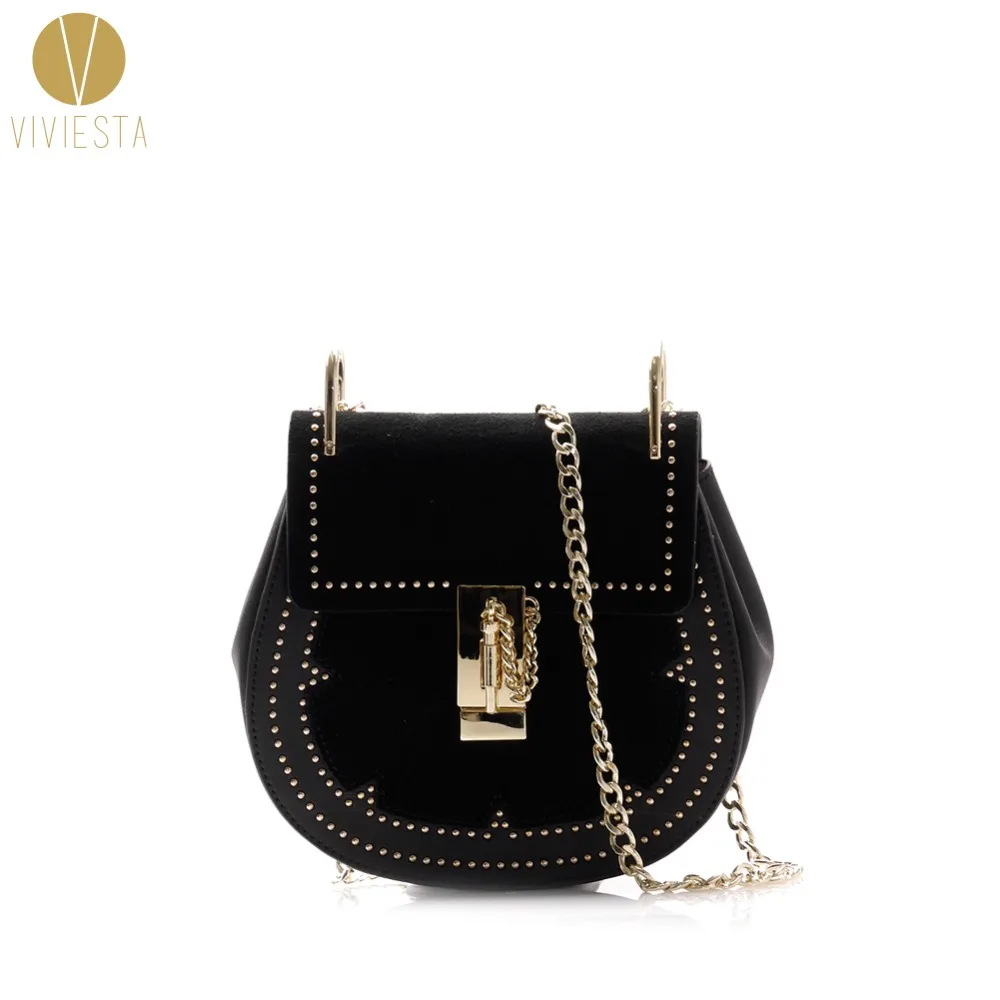 

GENUINE LEATHER SUEDE STUDDED SADDLE BAG - Women's 2018 Punk Rivet Famous Fashion Brand Shoulder Crossbody Chain Bag Handbag