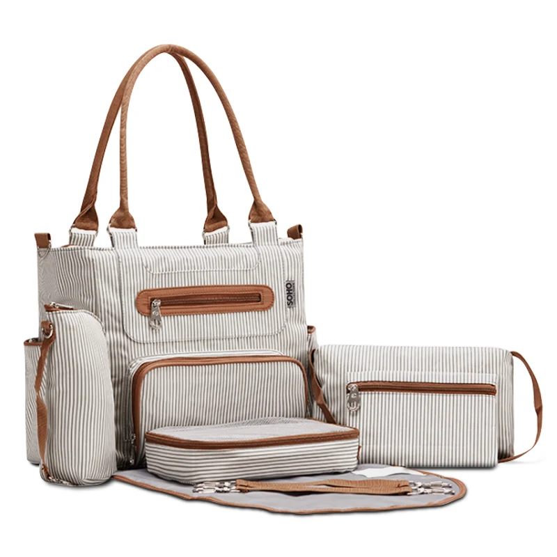 

Fashion Stripe Baby Bag For Mommy With Six-piece Set Baby Organizer Large Capacity Outing Hand Bag Baby Diaper Bag
