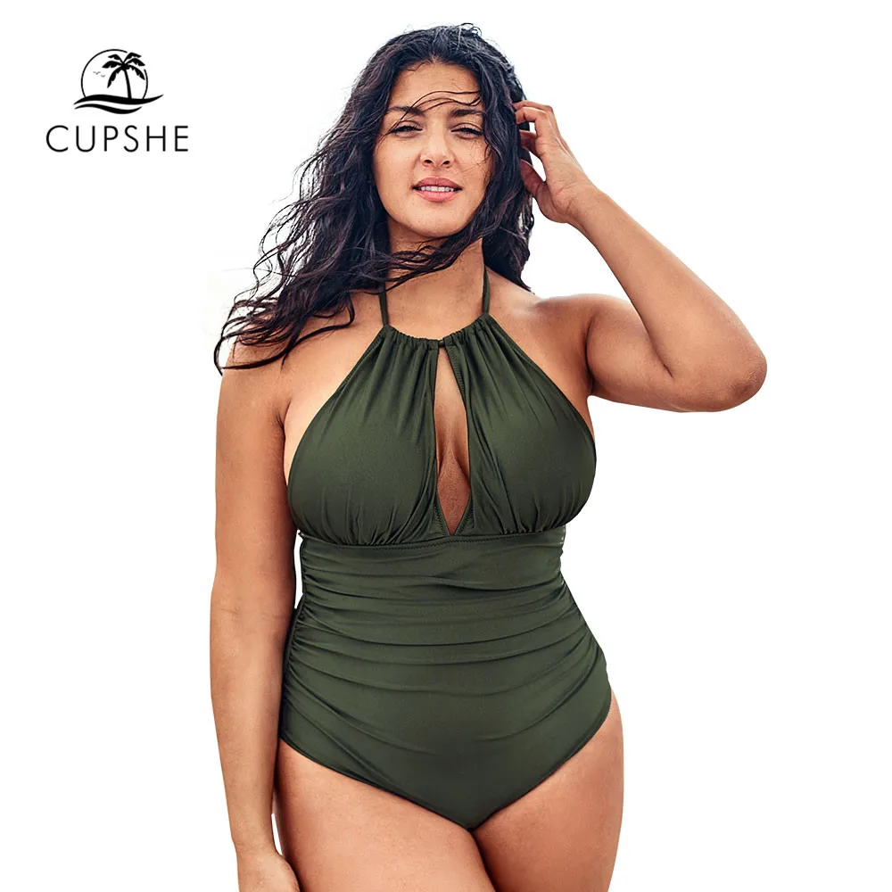 Billig CUPSHE Plus Größe Oliven Halter One Piece Badeanzug Sexy Cut out Backless Lace Up Frauen Monokini Badeanzüge 2020 strand Bademode