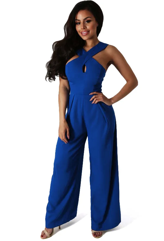 New Fashion Sexy Women Jumpsuit Solid Blue Sleeveless Hollow