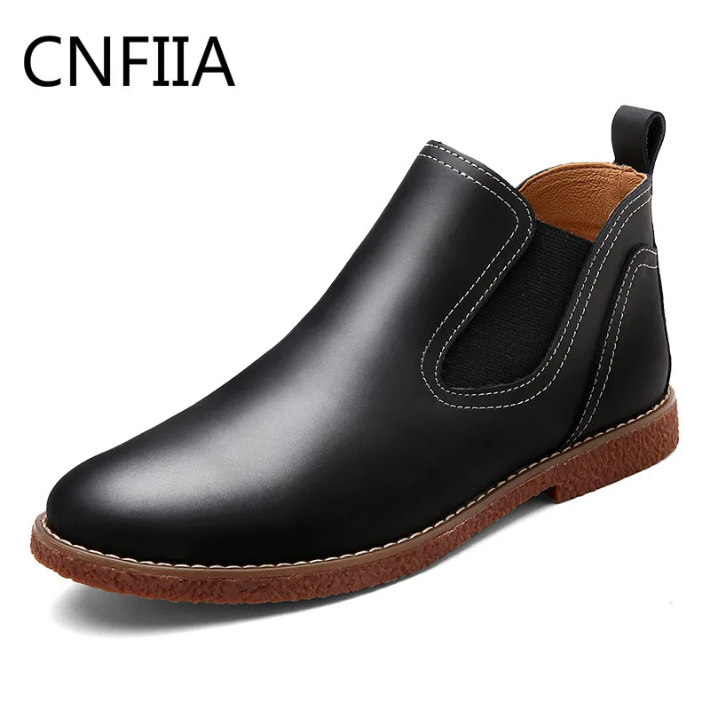 

CNFIIA Men Boots Man Chelsea Boots Male Leather Martens Waterproof Slip on 2018 Black Brown Casual Shoes Ankle Fashion Short New