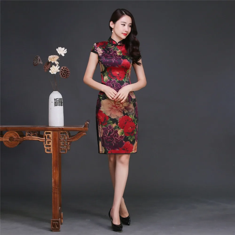 Женское шелковое платье Qipao длина до колена с подкладкой в стиле фолк коротким