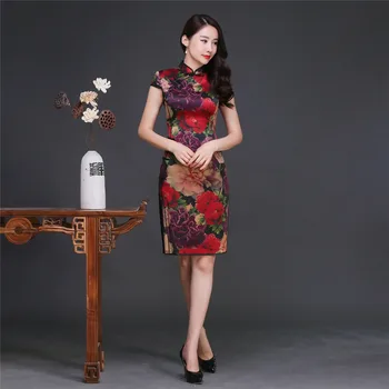 

Shanghai Story Knee Length Qipao Silk Cheongsam With Lining Folk Style Dress Short Sleeve Chinese Oriental Dress for woman