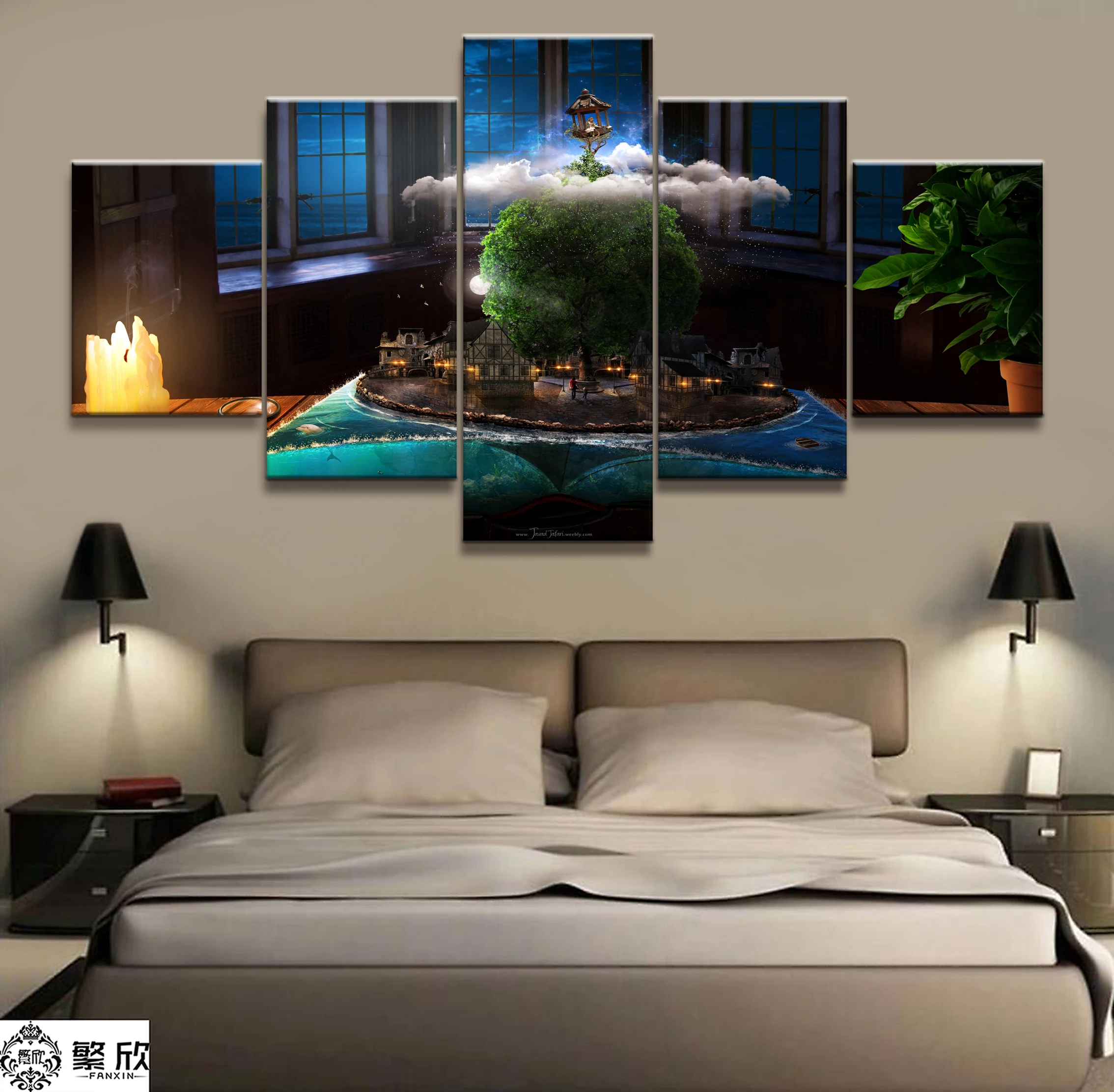 

Home Decor Modular Canvas Picture 5 Piece A Small Town in the Book Art Painting Poster Wall For Home Canvas Painting Wholesale