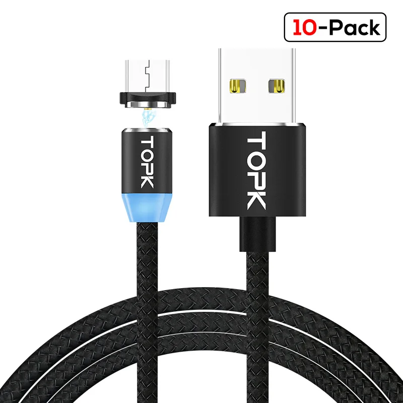 TOPK [10-Pack] светодиодный магнитный кабель Micro USB кабель для Xiaomi Redmi Note 5 Pro samsung Galaxy S7 edge Microusb зарядный кабель - Цвет: 10 x Black