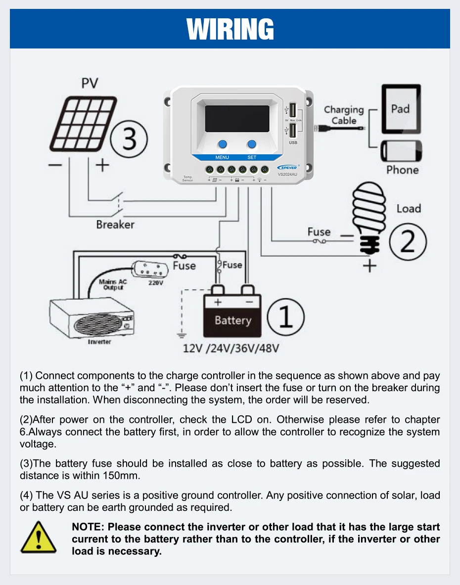 EPever VS2024AU 20A Solar Charge Controller 12V 24V Backlight LCD Dual USB 5V Solar Panel Regulator Common Positive for Home_04