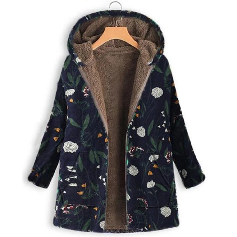 5XL Big Size Floral Printed Jacket Women Vintage Plush Hooded Zipper Long Sleeve Coat Winter Autumn Womens Jackets And Coats