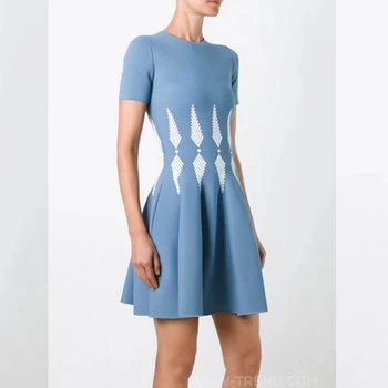 

2018 knitting Blue Short Sleeve Jacquard Fashion Dress Fit And Flare Summer Elegant Sexy Women Patchwork Party Vestidos