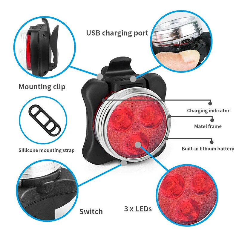 Best USB charging Bicycle Lights Waterproof Cycling White Front Light Red Rear Light Perfect for Mountain Helmet Head Lamp led bike 5