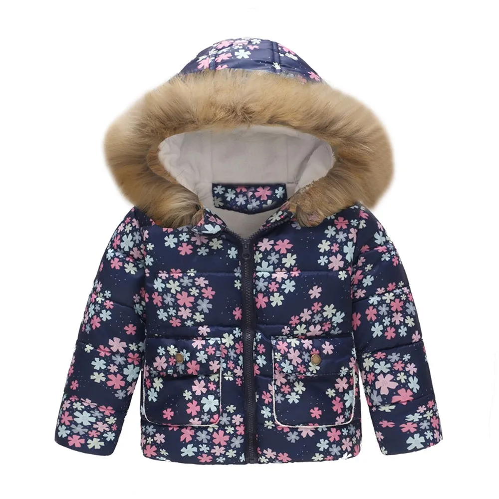 Милая однотонная зимняя теплая куртка с цветочным принтом и динозавром для маленьких мальчиков и девочек ветрозащитное пальто с капюшоном L925 - Цвет: Dark Blue