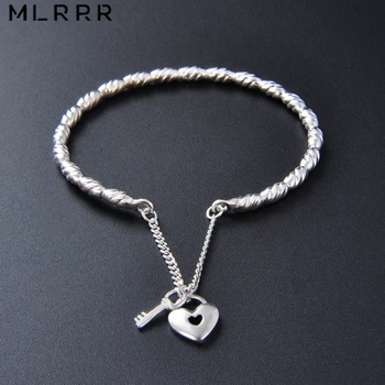 

MLRRR Sterling 990 Silver Fashion Simple Twisted Shape Bracelets Bangles and Heart Key Pendant