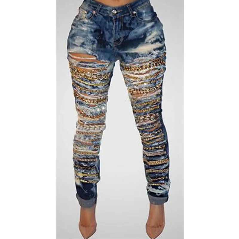 Skinny Ripped Destroyed Chain Denim 