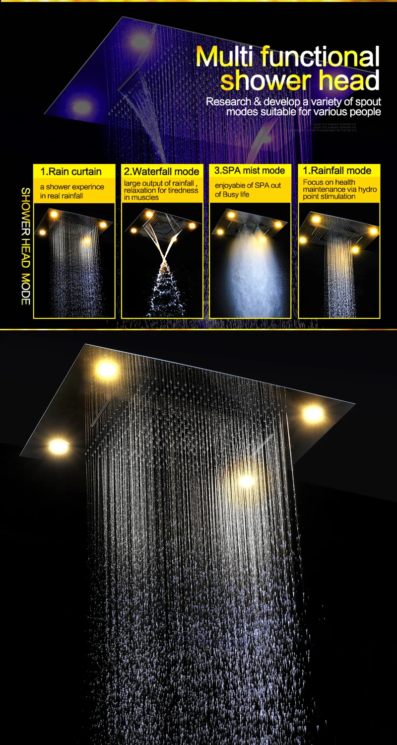 Роскошный Термостатический смеситель для душа, светодиодный, большая дождевая панель для ванной, водопад, массажный туман, смесители, 5 способов, Электрический светодиодный душ
