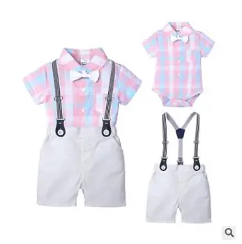 

WASAILONG Summer Boys Set Gentleman Dress Plaid Bow Tie Hakka Short Sleeve One Piece Jumper Shorts Four Piece Set