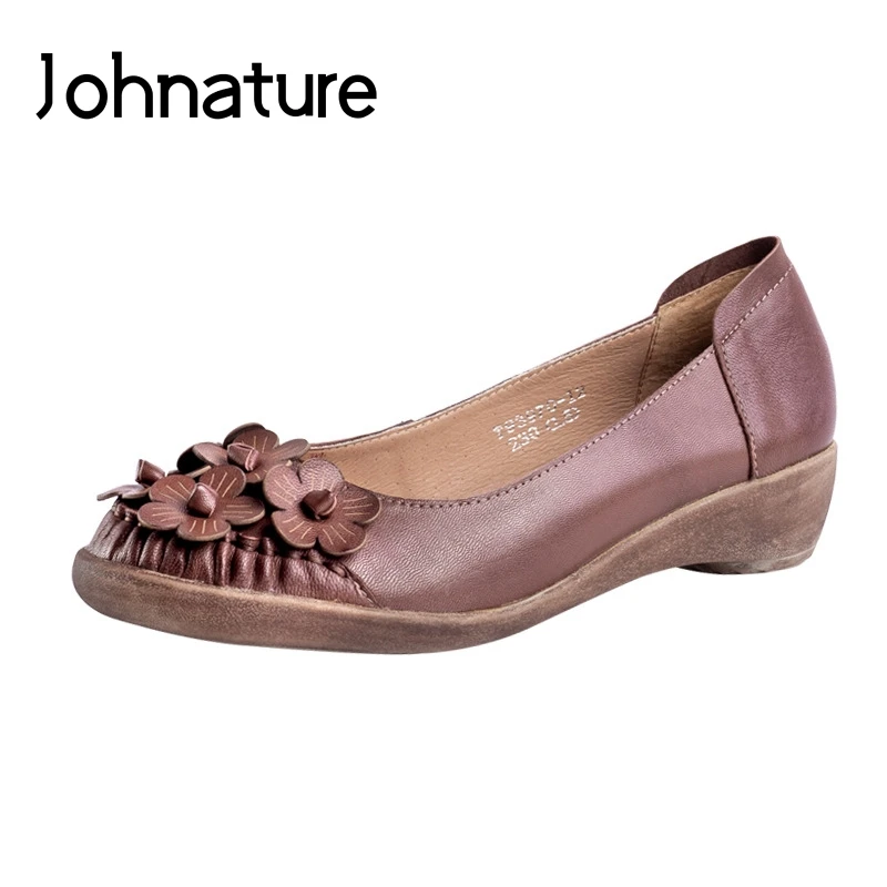 

Johnature 2019 New Spring/Autumn Genuine Leather Sheepskin Strange Style Round Toe Casual Retro Sewing Slip-on Women Shoes Pumps