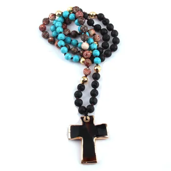 

Fashion Bohemian Tribal Jewelry Multicolor Lava Natural Stones Knotted Stone Black Cross Pendant Necklaces Women Ethnic Necklace