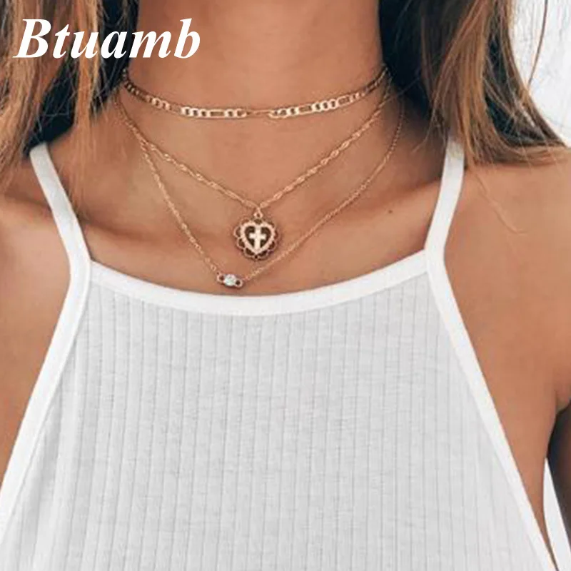 Btuamb Multi Layered Statement Necklaces Punk Cross Flower Crystal Big Love Heart Pendants for Women Party Accessories | Украшения и